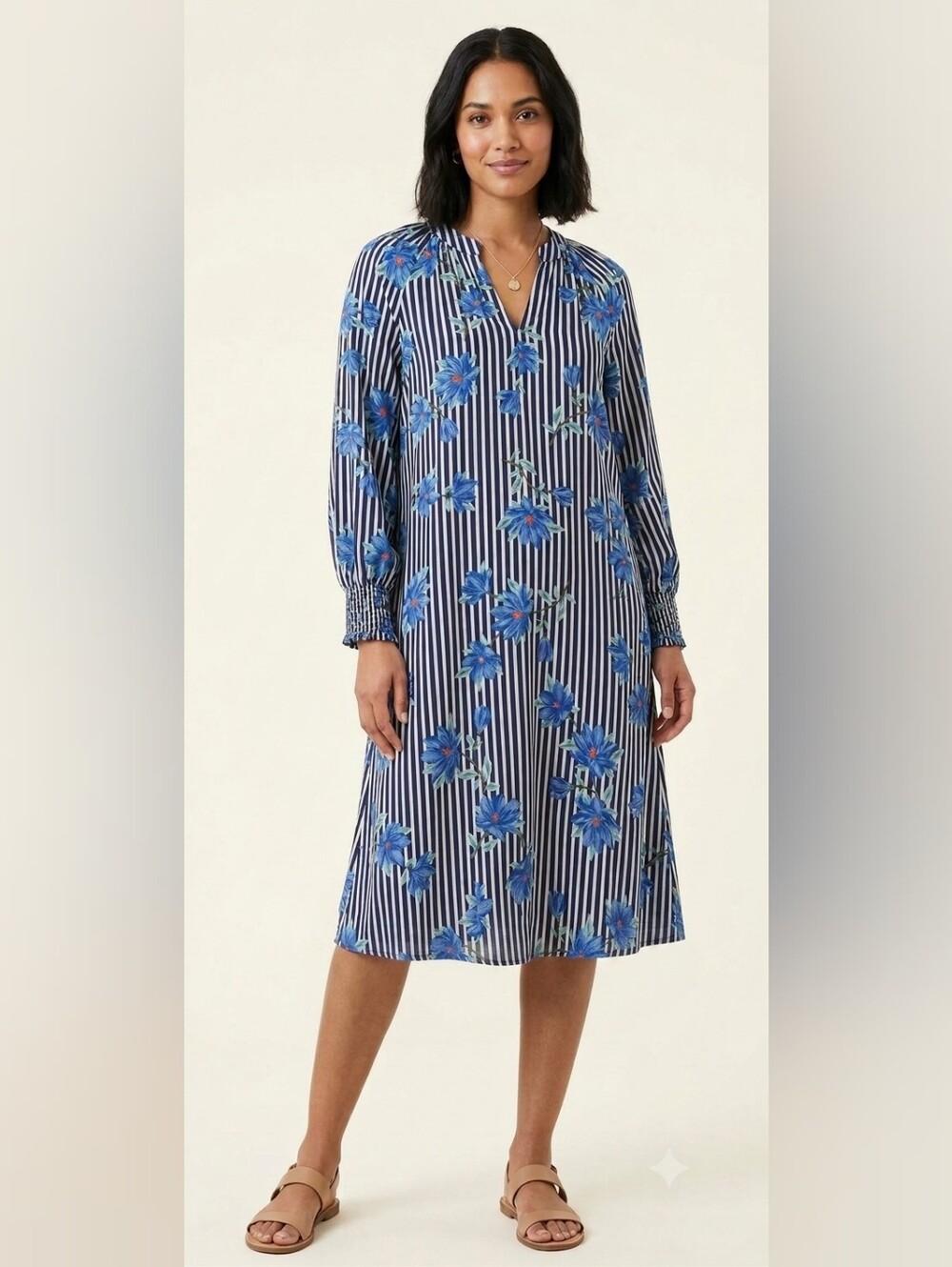 Draper James RSVP Navy & Cream Striped Floral Midi Dress S - Picture 1 of 12